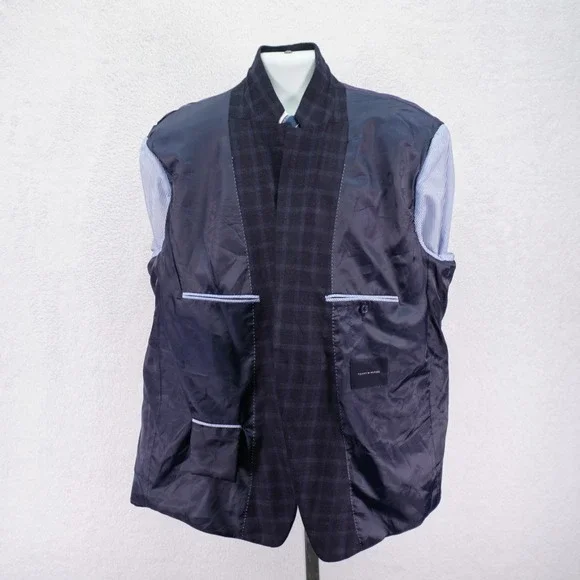 Tommy Hilfiger Soft Flannel Worsted‎ Wool Sport Coat 48R Blue Windowpane Tag 50L